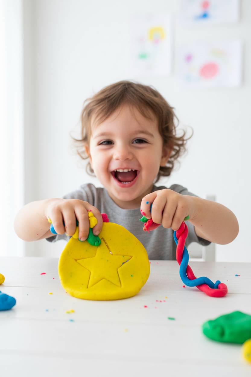 Child playing with colorful play dough on a white table.
