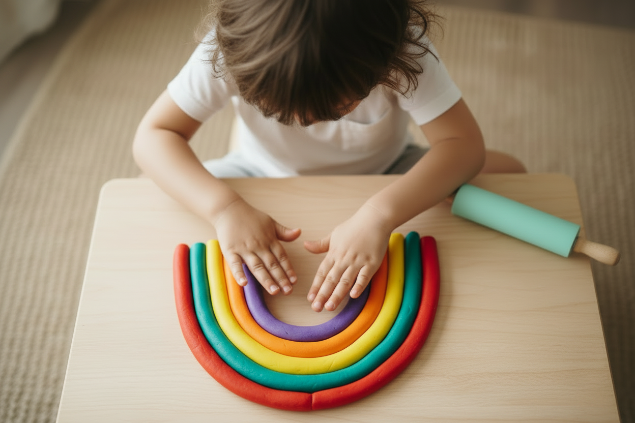 Child playing with a set of rainbow-colored play dough rings on a wooden table.